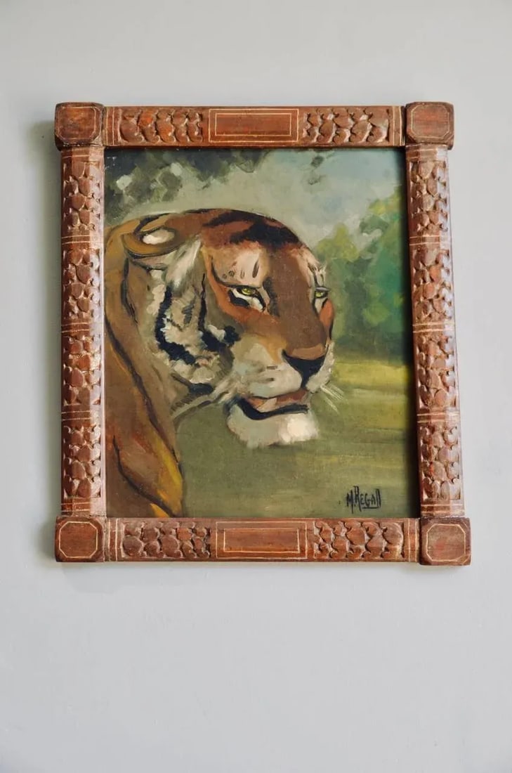 Tiger and Lion Art Deco Framed Paintings - a Pair - 5