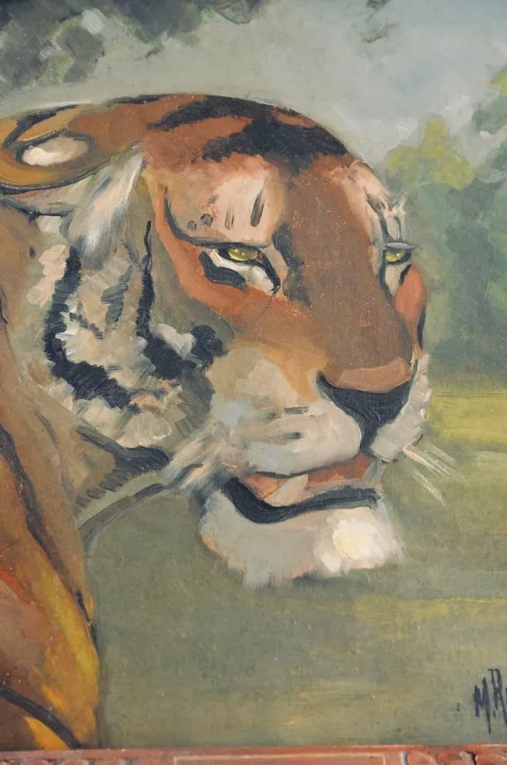 Tiger and Lion Art Deco Framed Paintings - a Pair - 7