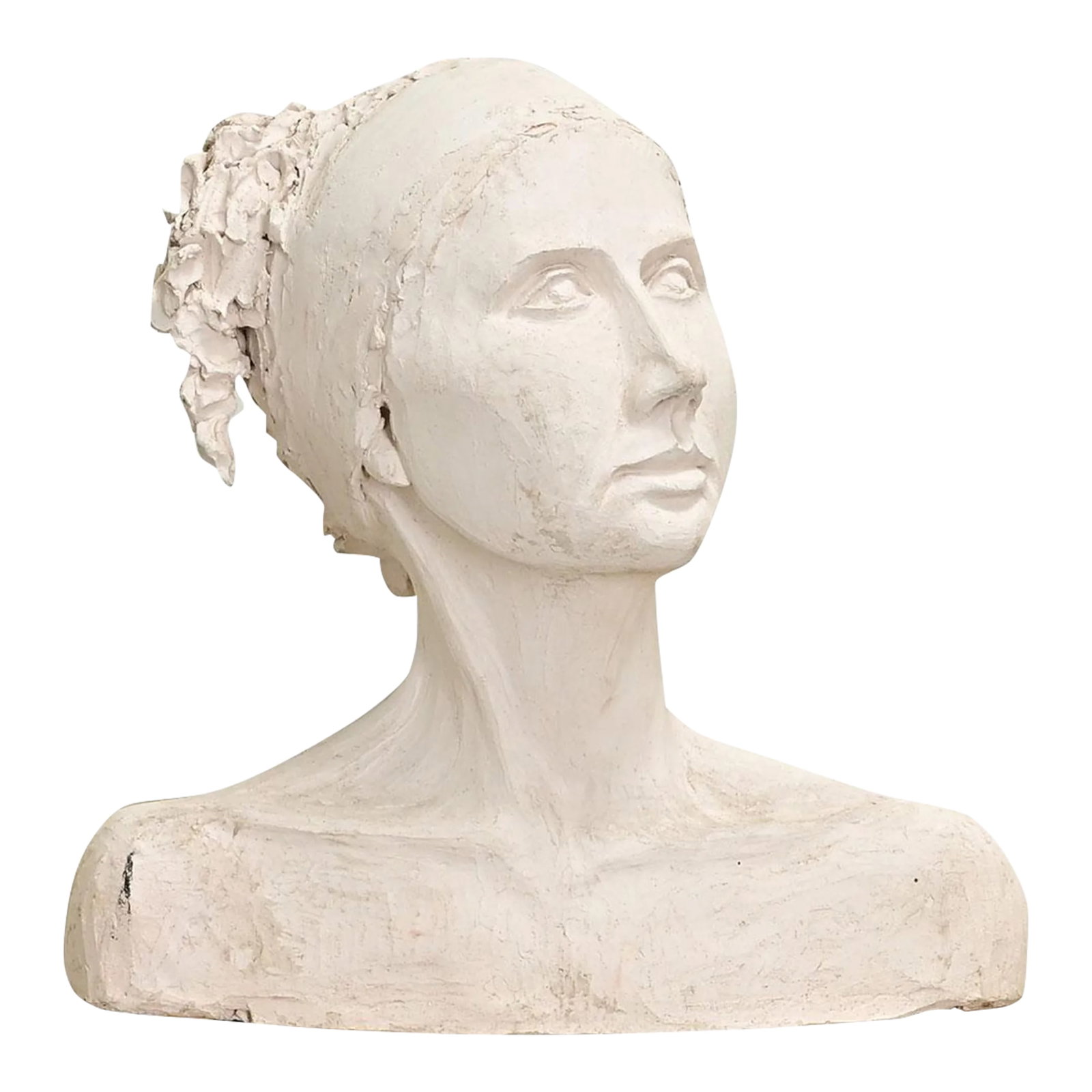 French Vintage Plaster Bust of a Lady: French vintage bust in larger-than-life scale and emotive likeness of an anonymous lady subject. Impressive craft and sensual technique can be found on this bust made of plaster, left raw and