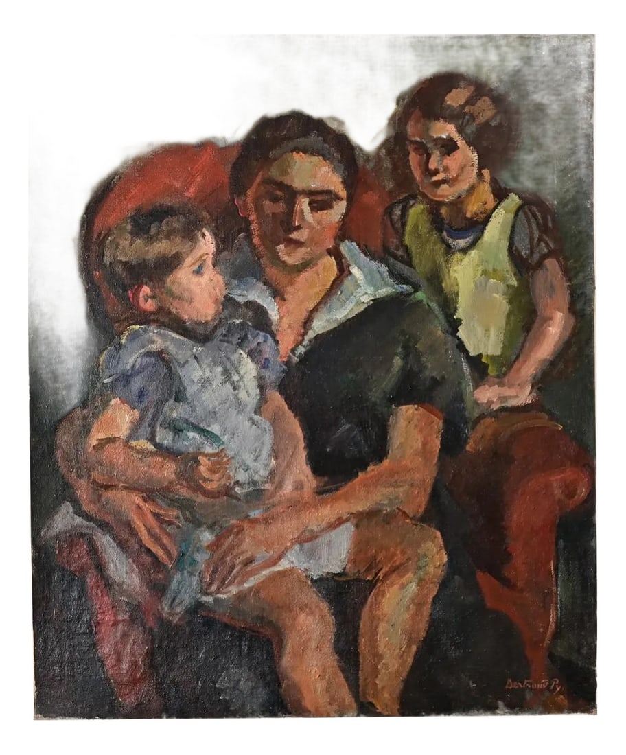 French Vintage Oil Painting by Bertrand Py: A colorful family portrait by French artist, Bertrand Py (1895-1973), notable for his unique style with both French and British influences. Py dedicated his life from an early age to art; he is world