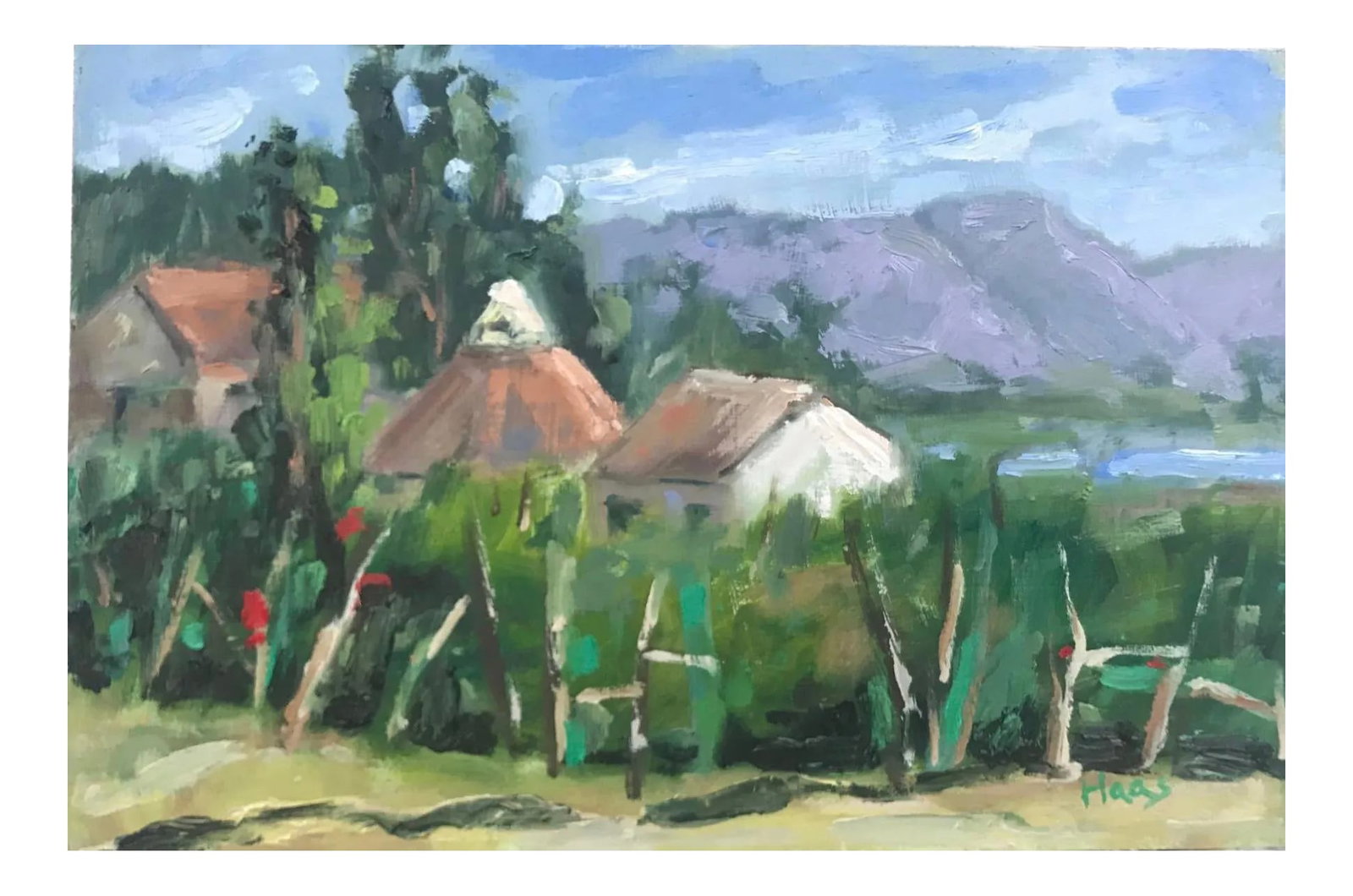 Modern Impressionist Style, Original Plein Air Oil Landscape: Quiet Places & Journeys - Constance's Farm Original oil painting by L. Haas, 8 x 12 in unframed gesso-prepared masonite panel, signed. A calm plein air impressionist landscape painted at a friend's