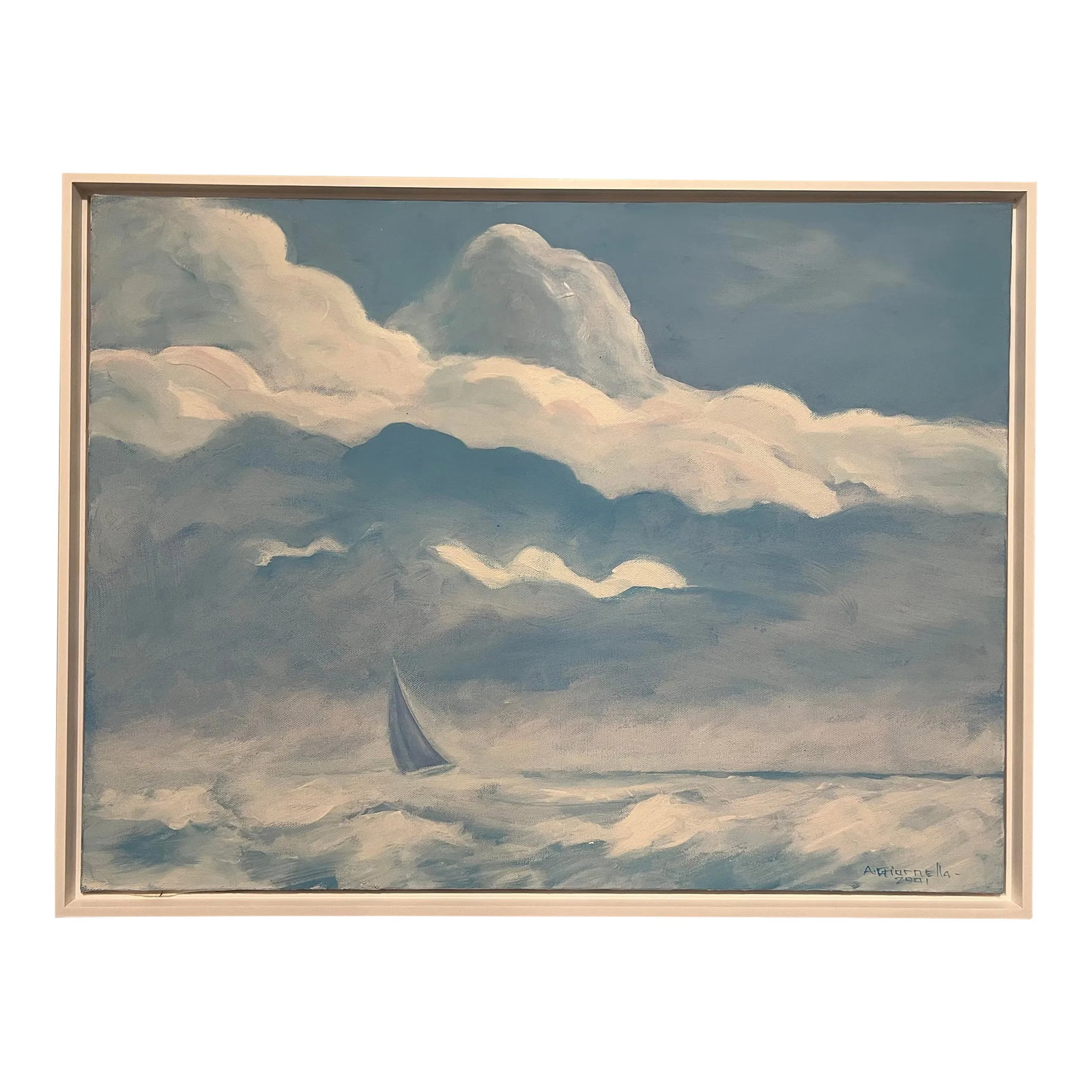 Vintage, Minimalistic Seascape Acrylic Painting on Canvas, Andrew Giranella (1947-), Framed: Andrew Giranella (1947-), Connecticut, Vintage Minimalistic Seascape Sailing Acrylic Painting on Stretched Canvas, Connecticut, One Of A Kind, Framed Condition: Alterations: Original Condition