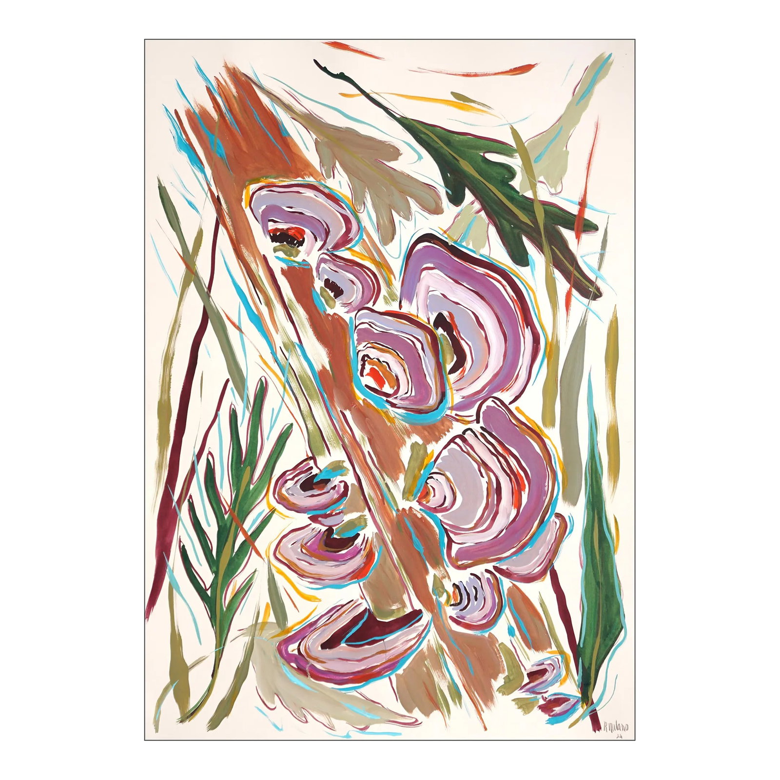 2024, Illustration Style Painting of Turkey Tail Fantastic Fungi, Acrylic Painting and India Ink on: "Turkey Tail Mushrooms" is an abstract expressionist painting by Romina Milano where a dance of black gestures unfolds across colorful brushstrokes infused with raw emotion. Romina Milano is an