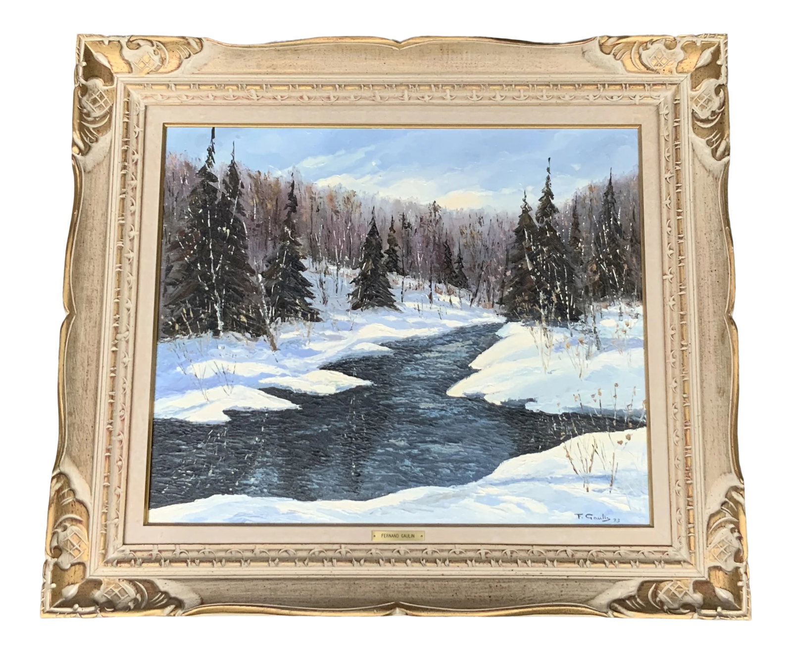Mid-Century Fernand Gaulin Oil Landscape Painting - Canadian Impressionist Winter Scene: Elegant Modernist Winter Landscape by Quebec Artist Fernand Gaulin A sophisticated mid-century oil painting that exemplifies the refined aesthetic of Canadian modernist landscape painting. This