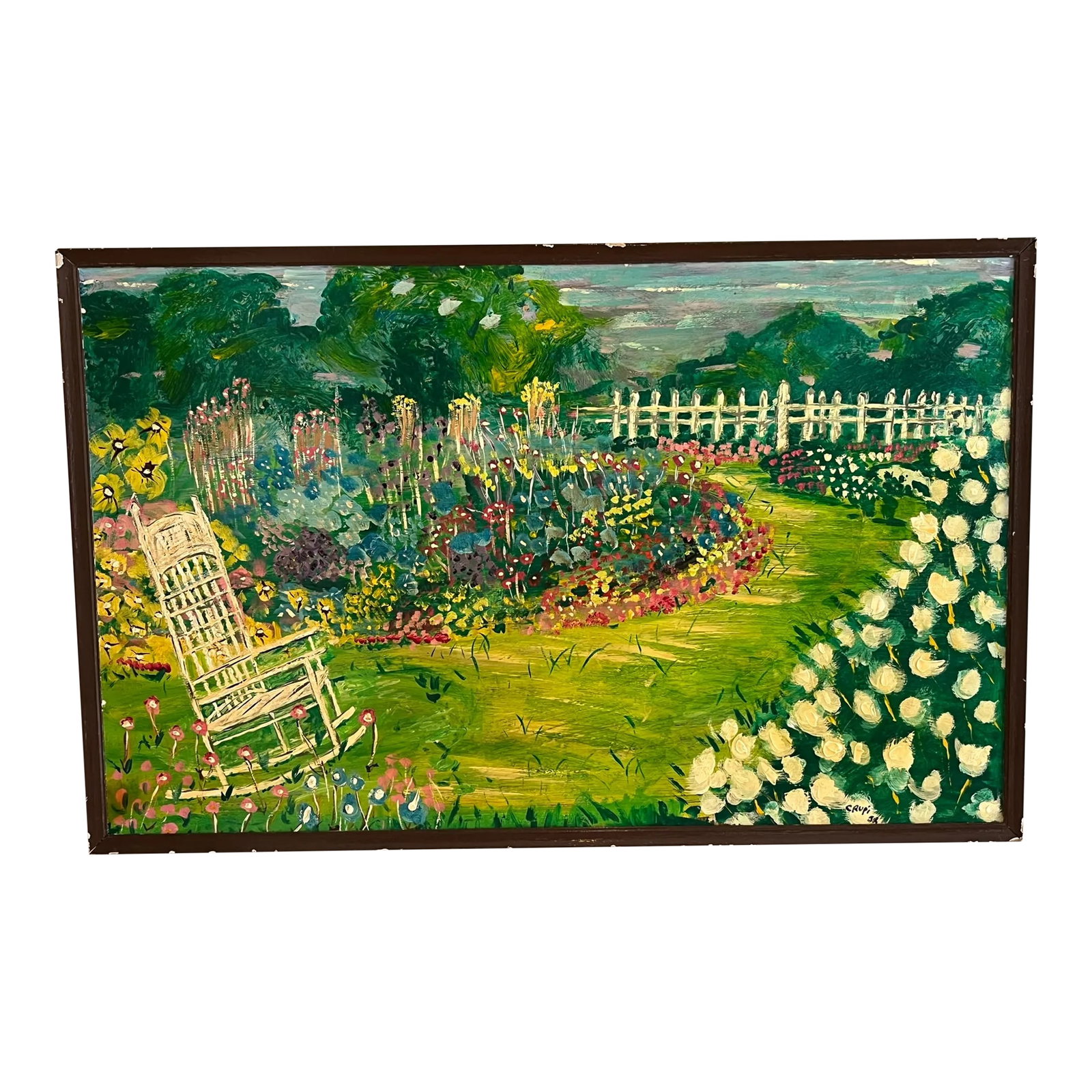 1960s Mid-Century Folk Art Painting Oil on Board, Framed: Color Galore Garden scene oil on board mid-century "1960's" by Folk Artist Cospi Jr. New Milford,CT 40" wide x 24.5" high An amazing display of color. The frame is brown painted wood scratched and chi