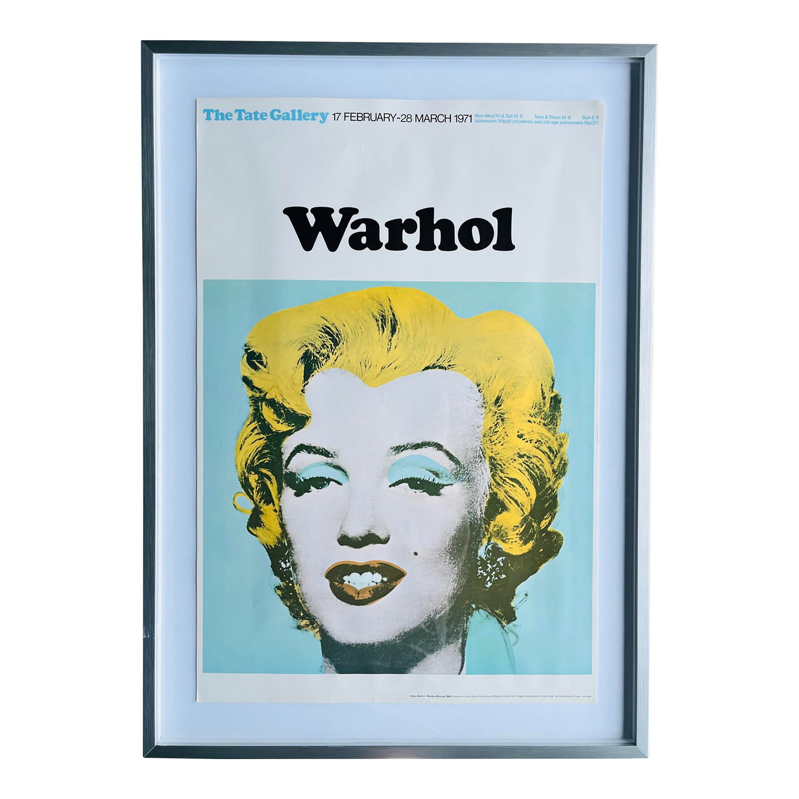 1970s Original Warhol Poster From Tate Modern Museum in London, Framed: This is an original poster from the Warhol exhibit 17 February-28 March 1971 at the Tate Modern Museum, London. It is matted on archival paper and framed in silver-painted wood. In perfect vintage