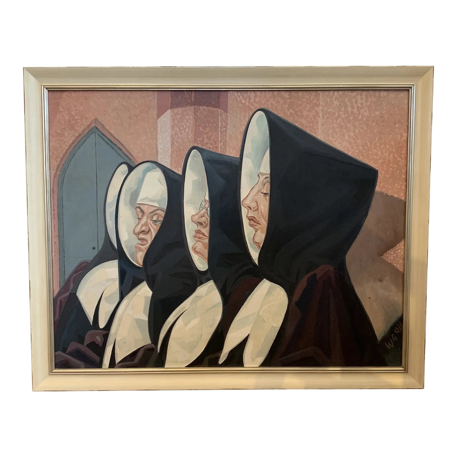 1980s Portrait of Nuns Painting, Framed: Newly framed piece of art depicting discerning nuns in a row. Reminds me of my Catholic school days. Condition: Alterations: Original Condition Unaltered Imperfections: Some Imperfections Condition