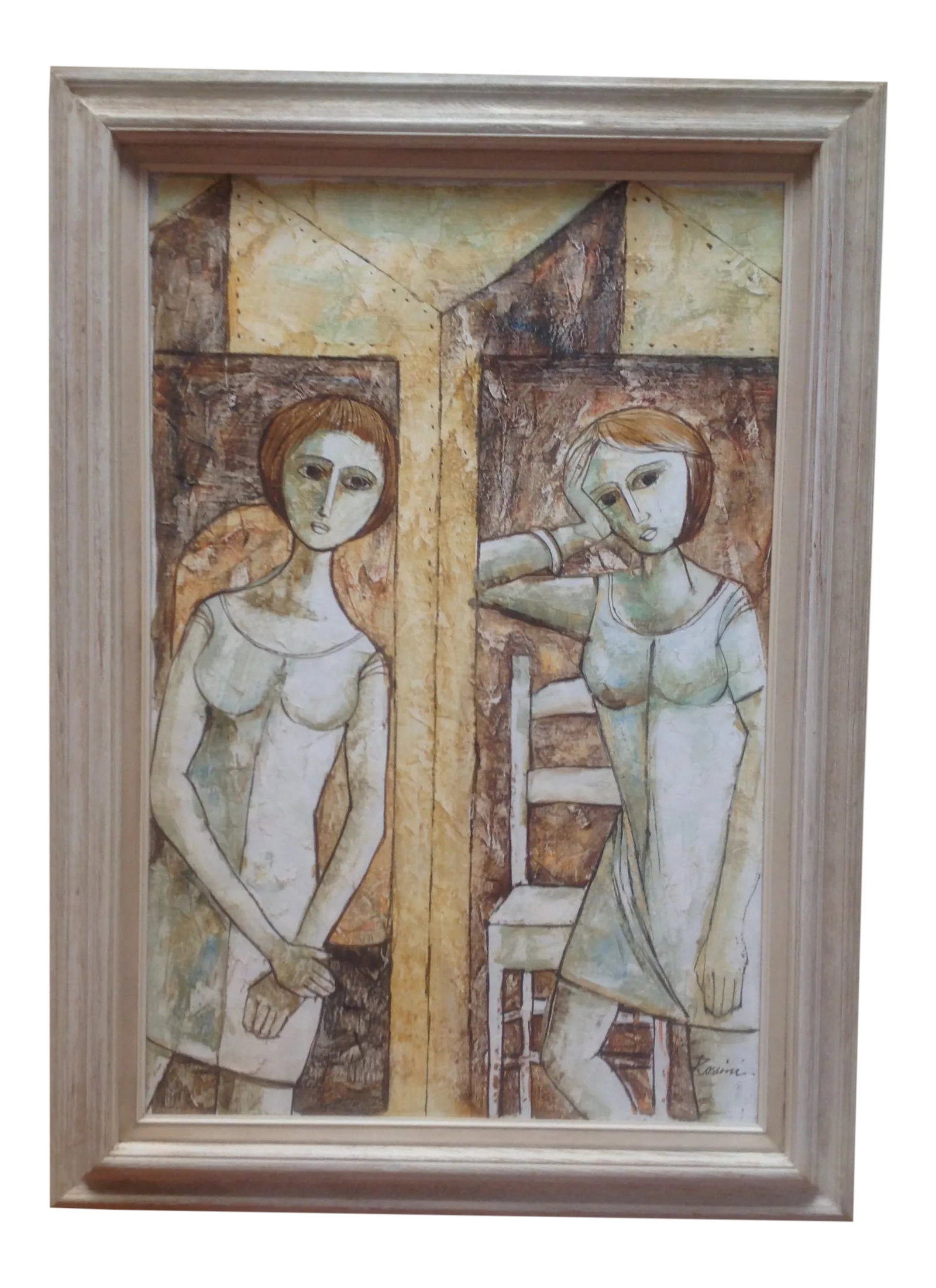 Mid Century Modern Painting by Rossini: This a fabulous mid century era painting by Rossini. The color is monochromatic tones modernist Cusism style. I don't know much about the artis. I believe to be from the 1960s. Condition: Alterations: