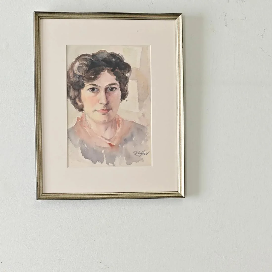 French Vintage Framed Watercolor Portrait of a Lady - 2