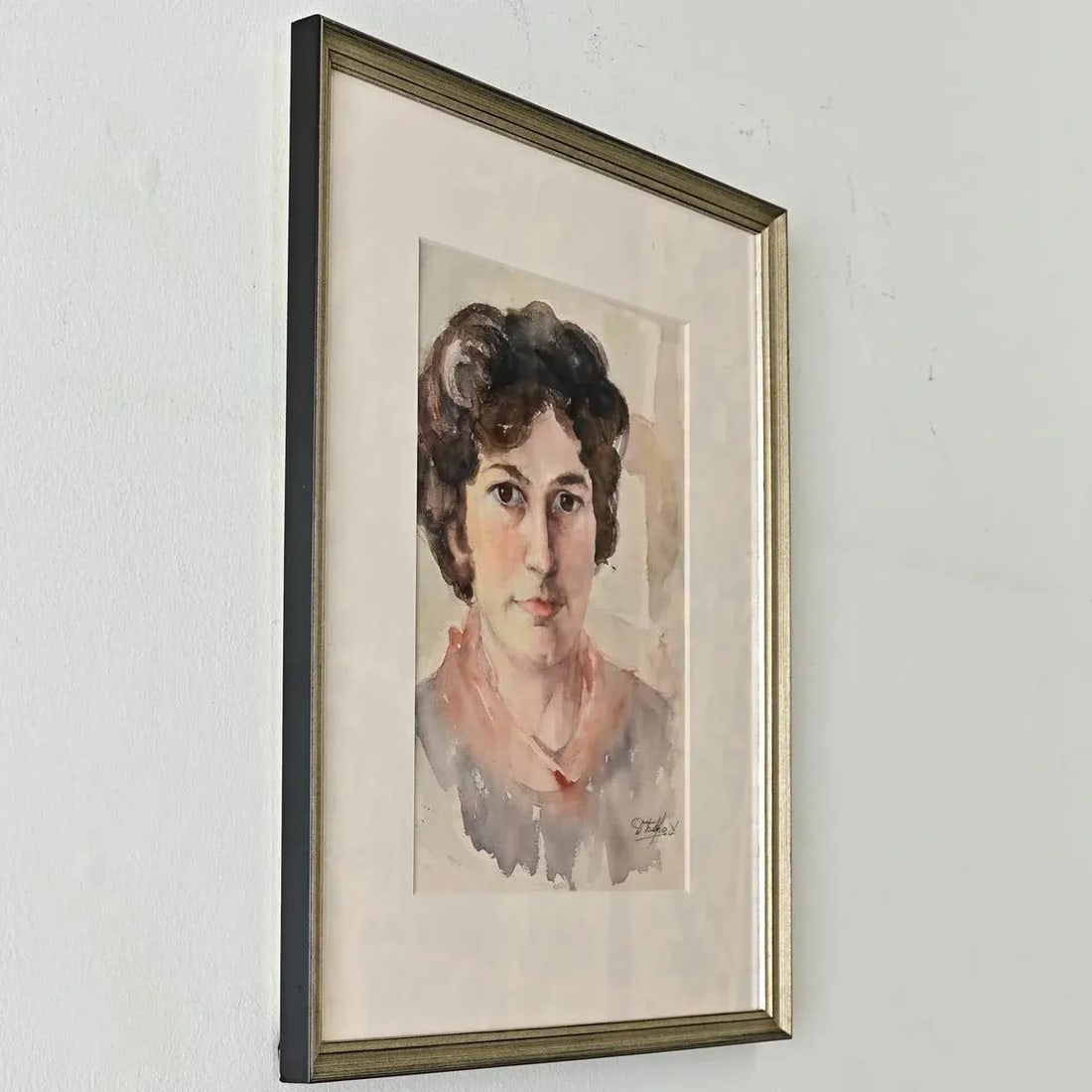 French Vintage Framed Watercolor Portrait of a Lady - 4