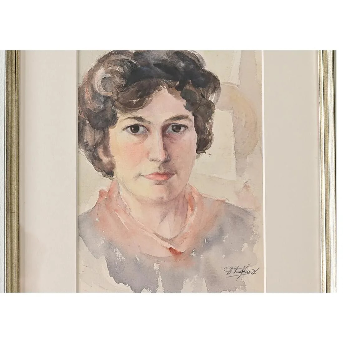 French Vintage Framed Watercolor Portrait of a Lady - 5