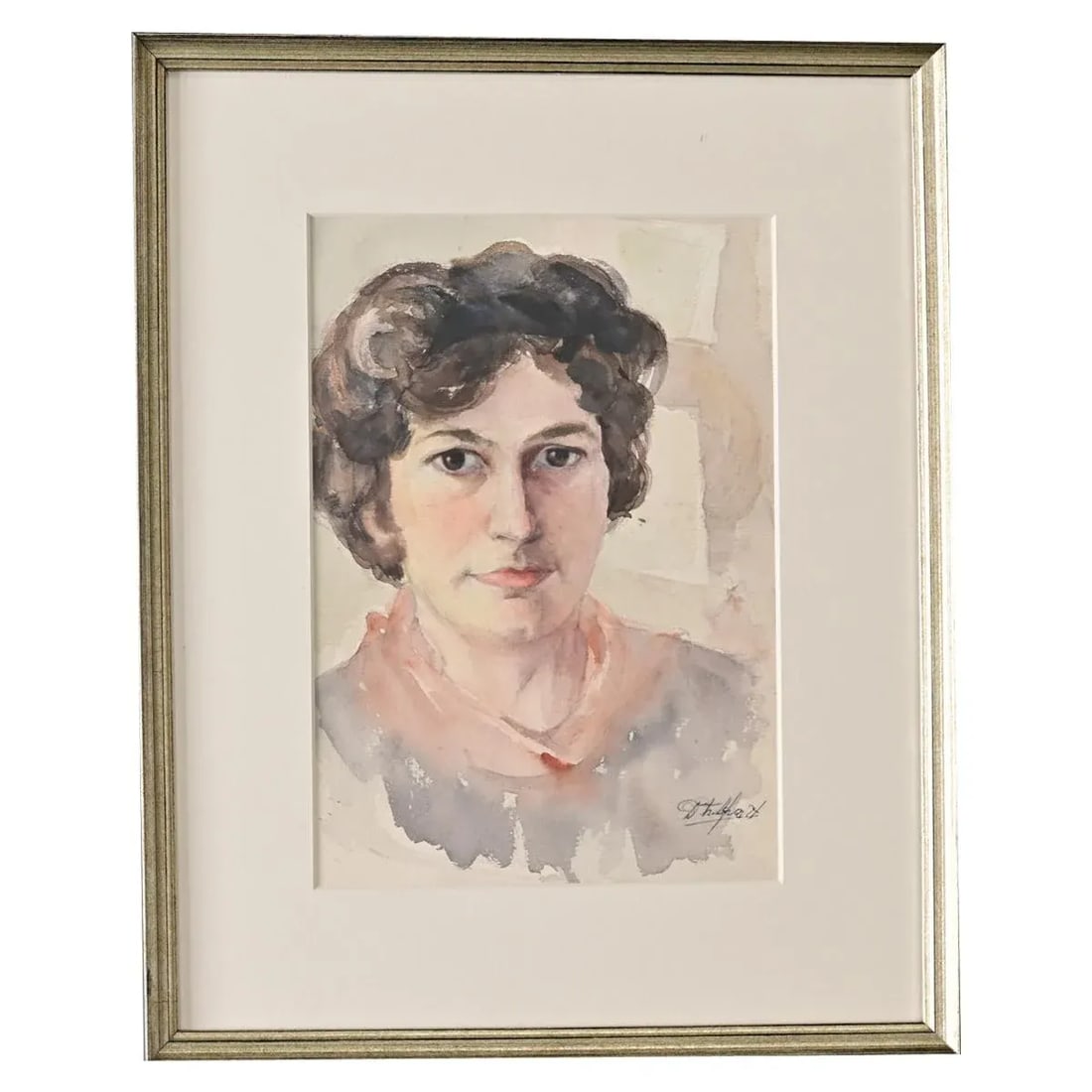 French Vintage Framed Watercolor Portrait of a Lady - 6
