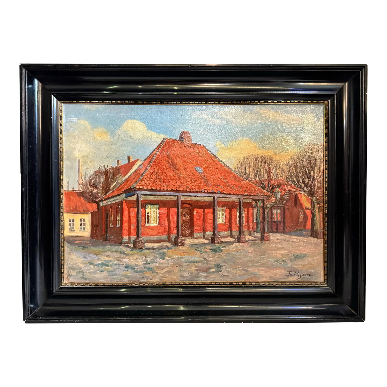 Nygaard, Thorvald, Early 1900s Danish Painting of a Traditional Building in Winter: This listing is for an antique painting by celebrated Danish artist, Thorvald Nygaard (1892-1973) This oil on canvas painting depicts a traditional Nordic building in winter. The detailing is quite lo