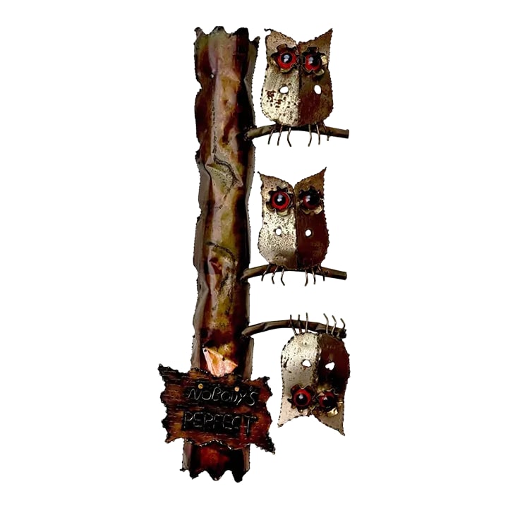 Mid-Century Brutalist Copper Owl Wall Hanging Sculpture: Vintage Brutalist Copper Owl "Nobody's Perfect" Wall Sculpture, c.1976 - Pairs Nicely with Many Mid-Century & Eclectic Interior Styles - Designed by Enesco (Japan) - Crafted of Copper with an Attracti