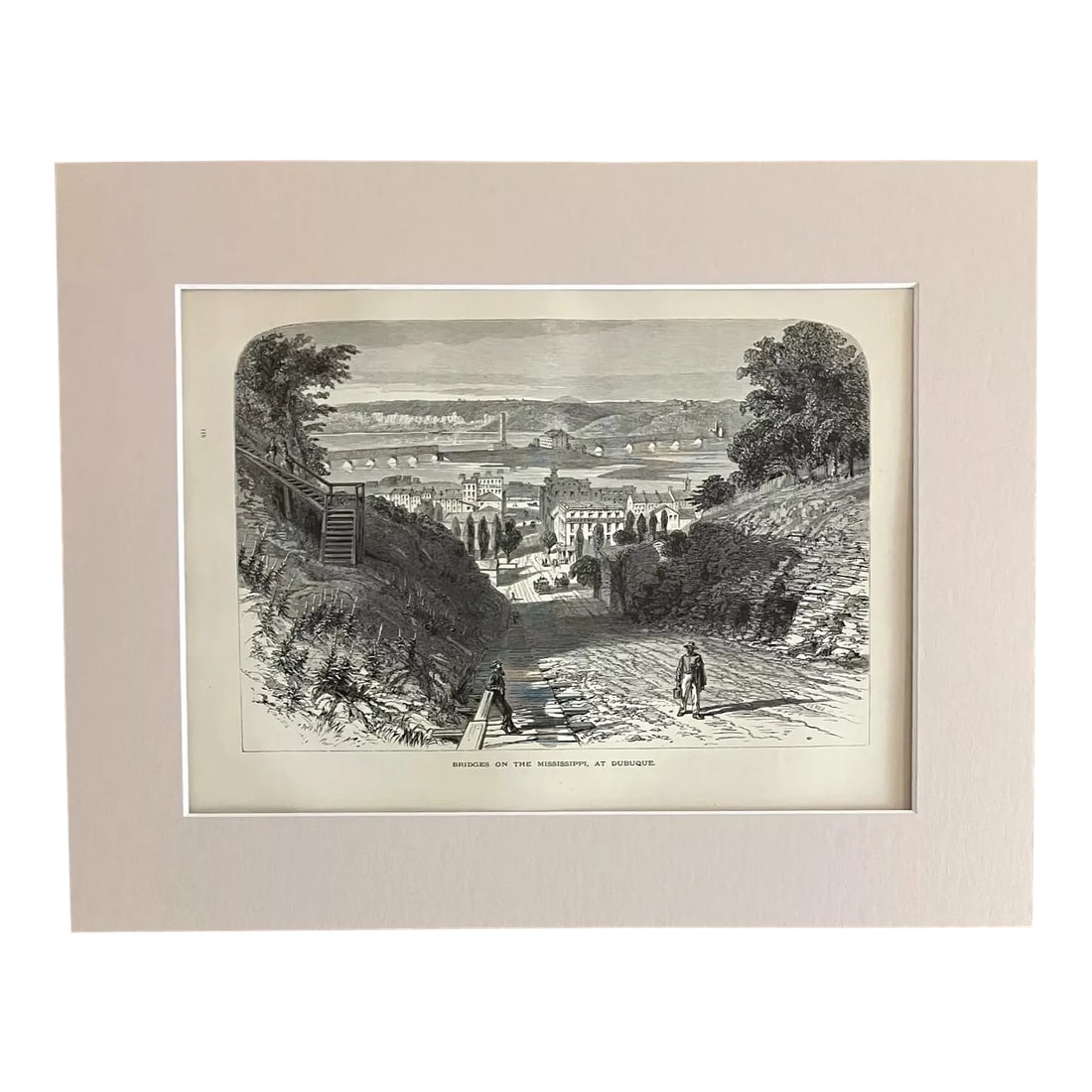 Antique 1874 Wood Engraving, "Bridges on the Mississippi at Dubuque" w/11x14 Mat: Up for sale is this beautiful antique print from Volume II of "Picturesque America", a two-volume set of books describing and illustrating the scenery of America that grew out of an earlier series in