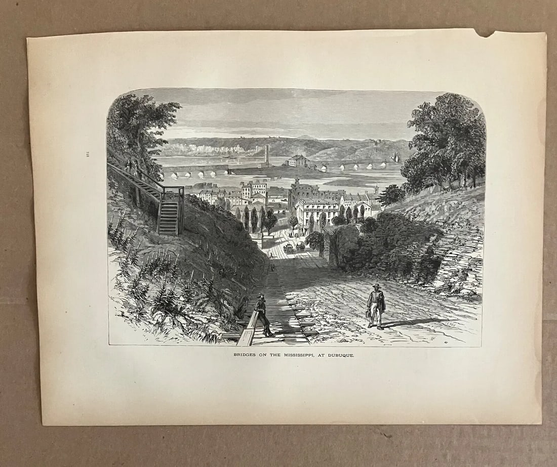 Antique 1874 Wood Engraving, "Bridges on the Mississippi at Dubuque" w/11x14 Mat - 2