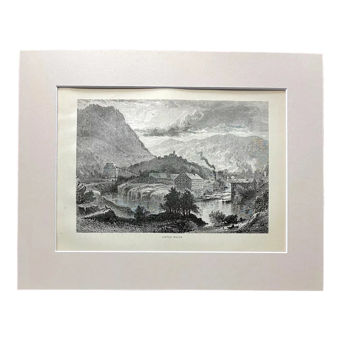 Antique 1874 Wood Engraving, "Little Falls" New York in Frame-Ready 11x14 Mat: Up for sale is this beautiful antique print from Volume II of "Picturesque America", a two-volume set of books describing and illustrating the scenery of America that grew out of an earlier series in