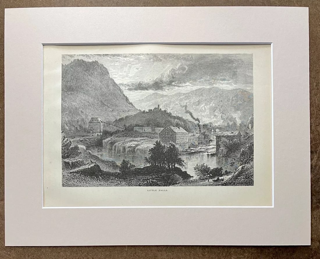 Antique 1874 Wood Engraving, "Little Falls" New York in Frame-Ready 11x14 Mat - 2
