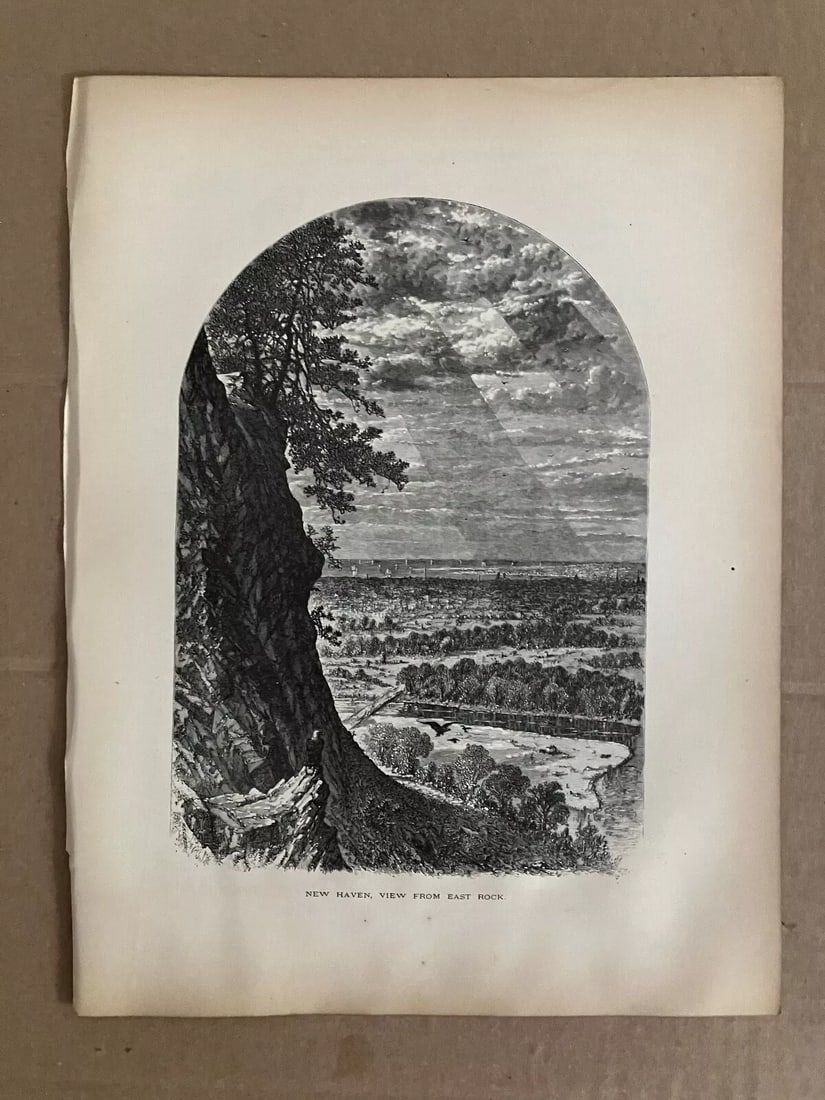 Antique 1874 Wood Engraving, "New Haven, View from East Rock " CT in 11x14 Mat - 2