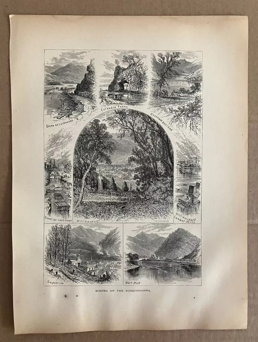 Antique 1874 Wood Engraving "Scenes on the Susquehanna" PA in 11x14 Mat - 2