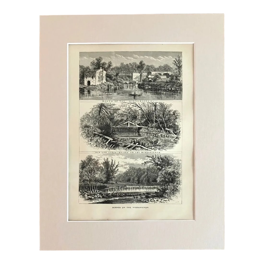 Antique 1874 Wood Engraving "Scenes on the Wissahickon" PA in 11x14 Mat: Up for sale is this beautiful antique print from Volume II of "Picturesque America", a two-volume set of books describing and illustrating the scenery of America that grew out of an earlier series in