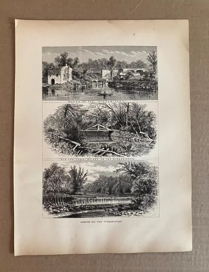 Antique 1874 Wood Engraving "Scenes on the Wissahickon" PA in 11x14 Mat - 2