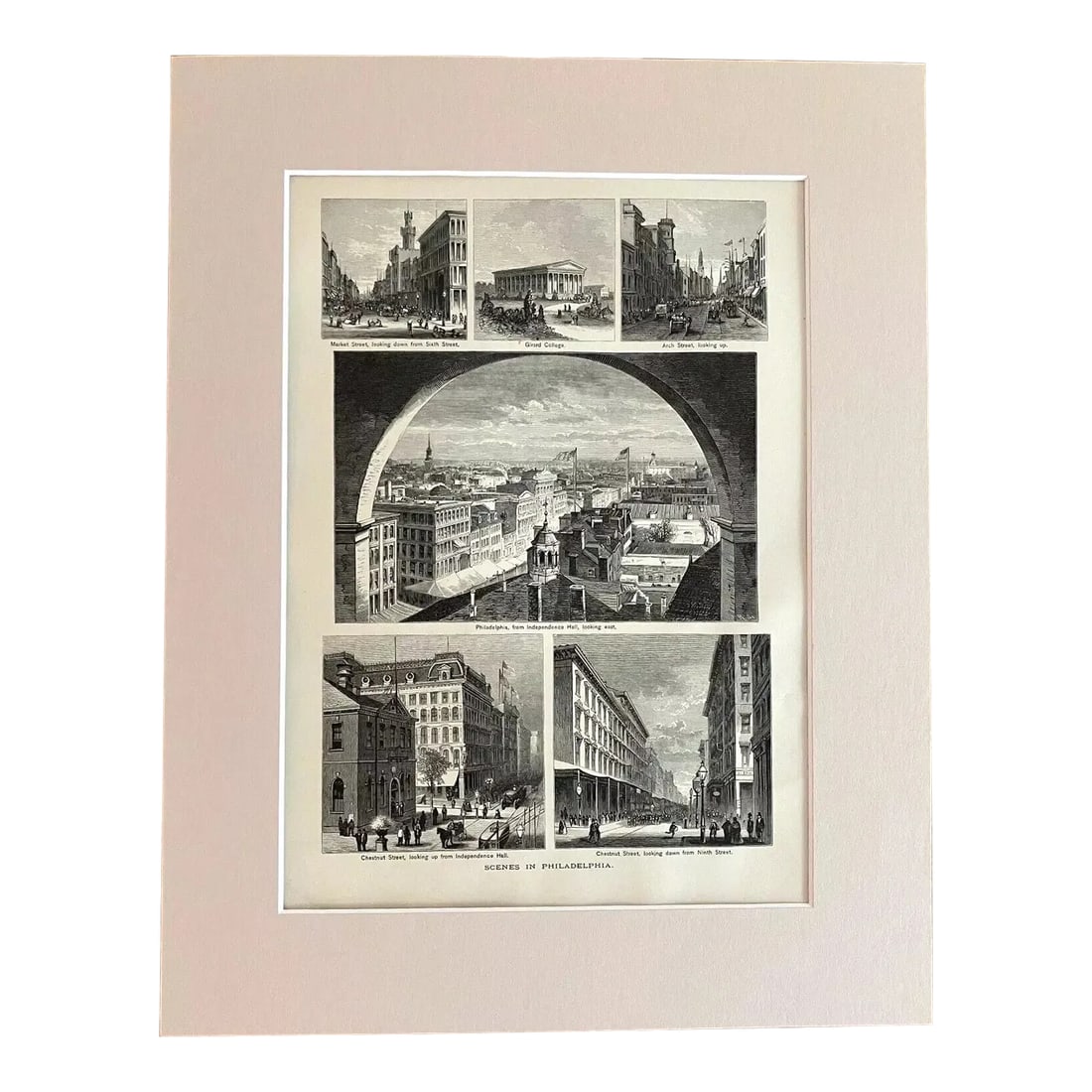 Antique 1874 Wood Engraving "Scenes in Philadelphia" PA w/Frame-Ready 11x14 Mat: Up for sale is this beautiful antique print from Volume II of "Picturesque America", a two-volume set of books describing and illustrating the scenery of America that grew out of an earlier series in