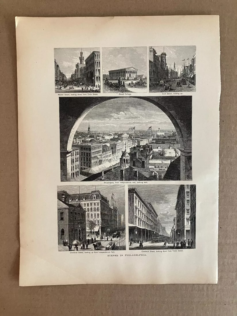 Antique 1874 Wood Engraving "Scenes in Philadelphia" PA w/Frame-Ready 11x14 Mat - 2
