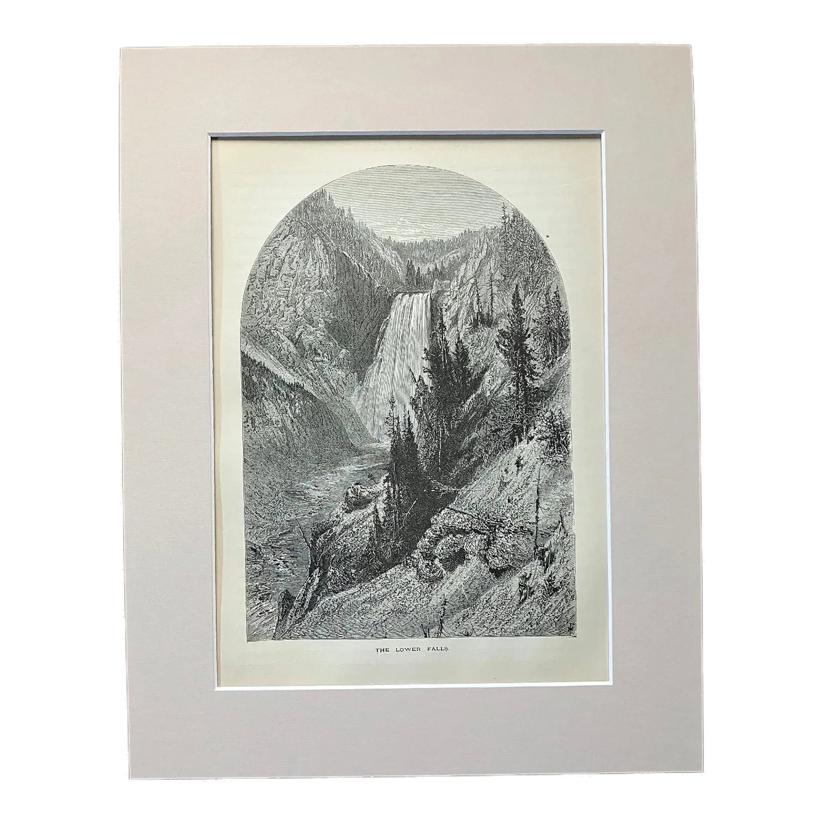 Antique 1874 Wood Engraving "The Lower Falls" Yellowstone, WY in 11x14 Mat: Up for sale is this beautiful antique print from Volume I of "Picturesque America", a two-volume set of books describing and illustrating the scenery of America that grew out of an earlier series in