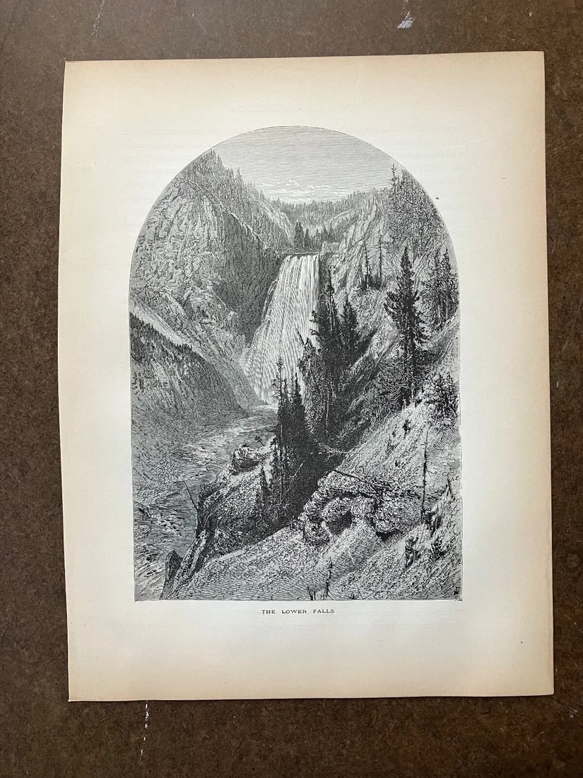 Antique 1874 Wood Engraving "The Lower Falls" Yellowstone, WY in 11x14 Mat - 2