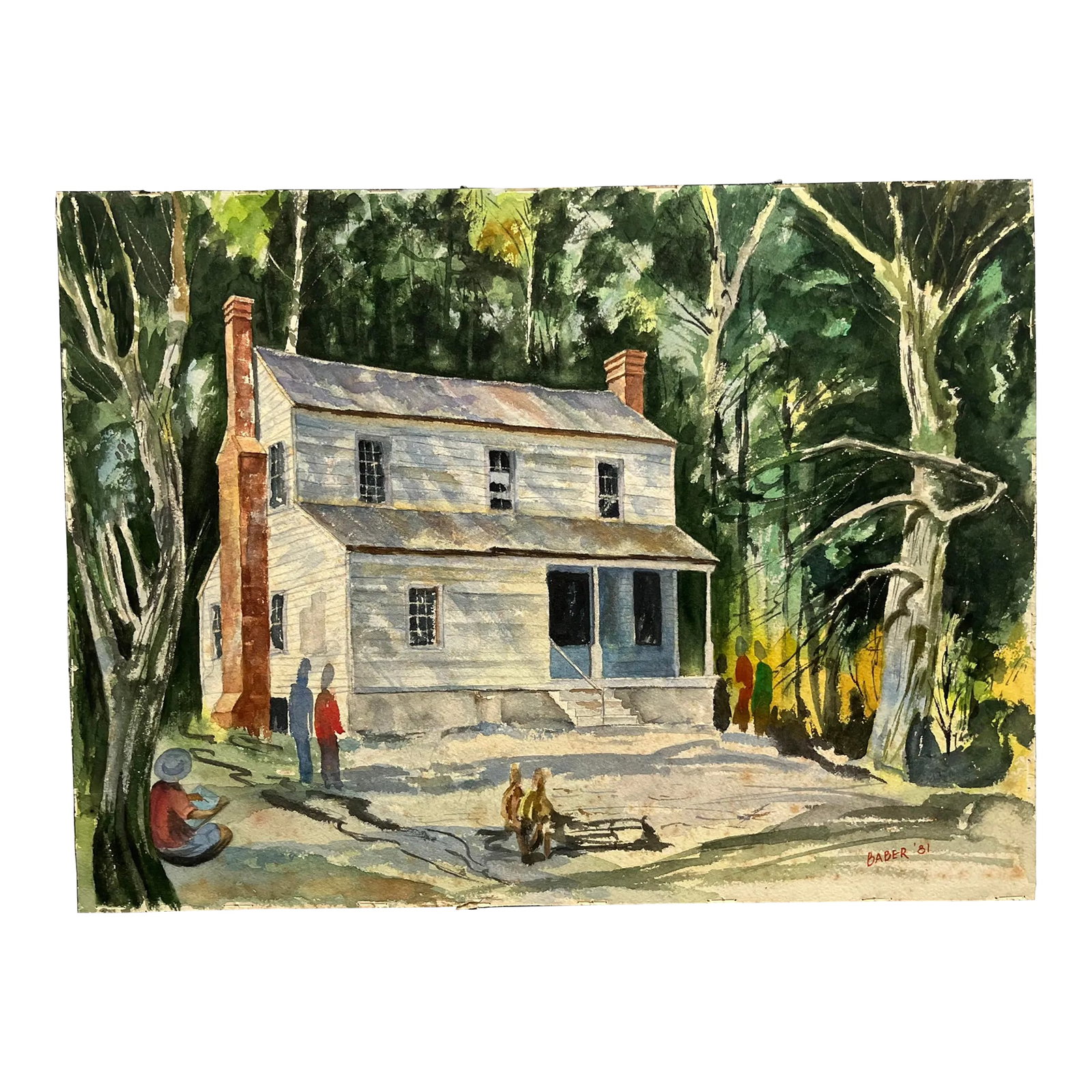 Vintage Mountain House Watercolor Painting Signed Barber: This impressionist watercolor is of a mountain house or house in a wooded area with snow, silhouettes of people, and a sled. The watercolor is signed "Baber" lower right. Presumed location is Western 