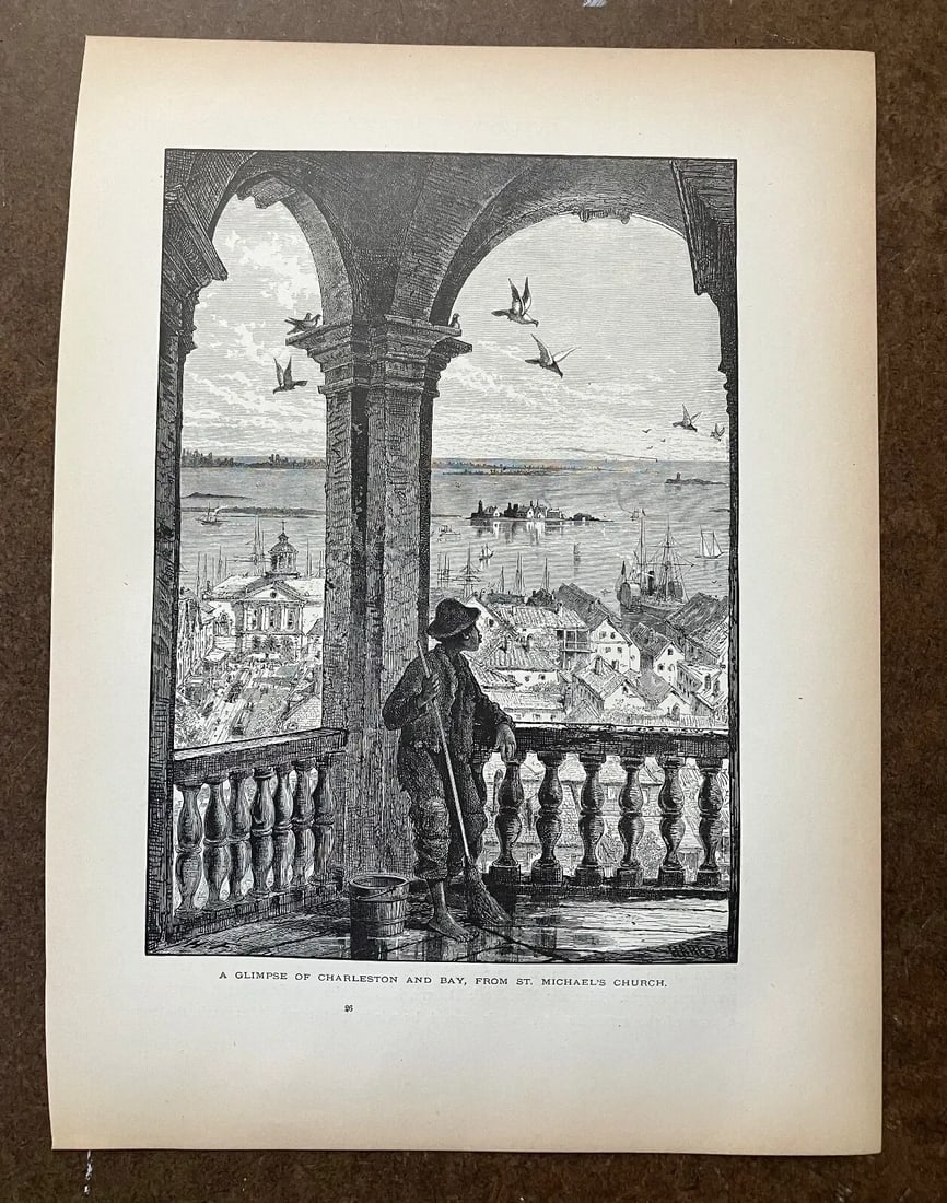 Antique 1874 Wood Engraving "A Glimpse of Charleston and Bay..." SC in 11x14 Mat - 2