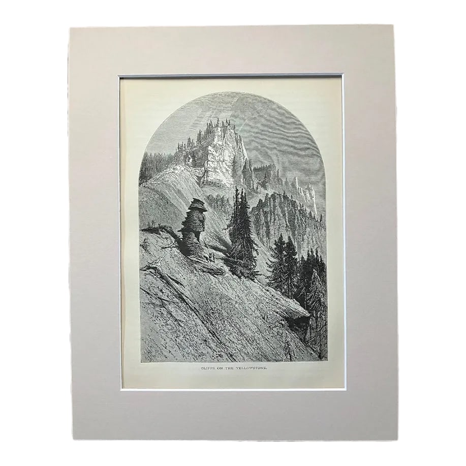 Antique 1874 Wood Engraving "Cliffs on the Yellowstone, WY, Matted: Up for sale is this beautiful antique print from Volume I of "Picturesque America", a two-volume set of books describing and illustrating the scenery of America that grew out of an earlier series in