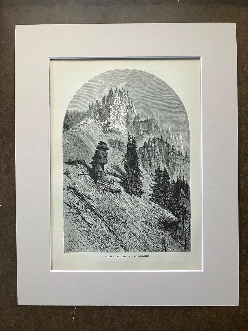 Antique 1874 Wood Engraving "Cliffs on the Yellowstone, WY, Matted - 2