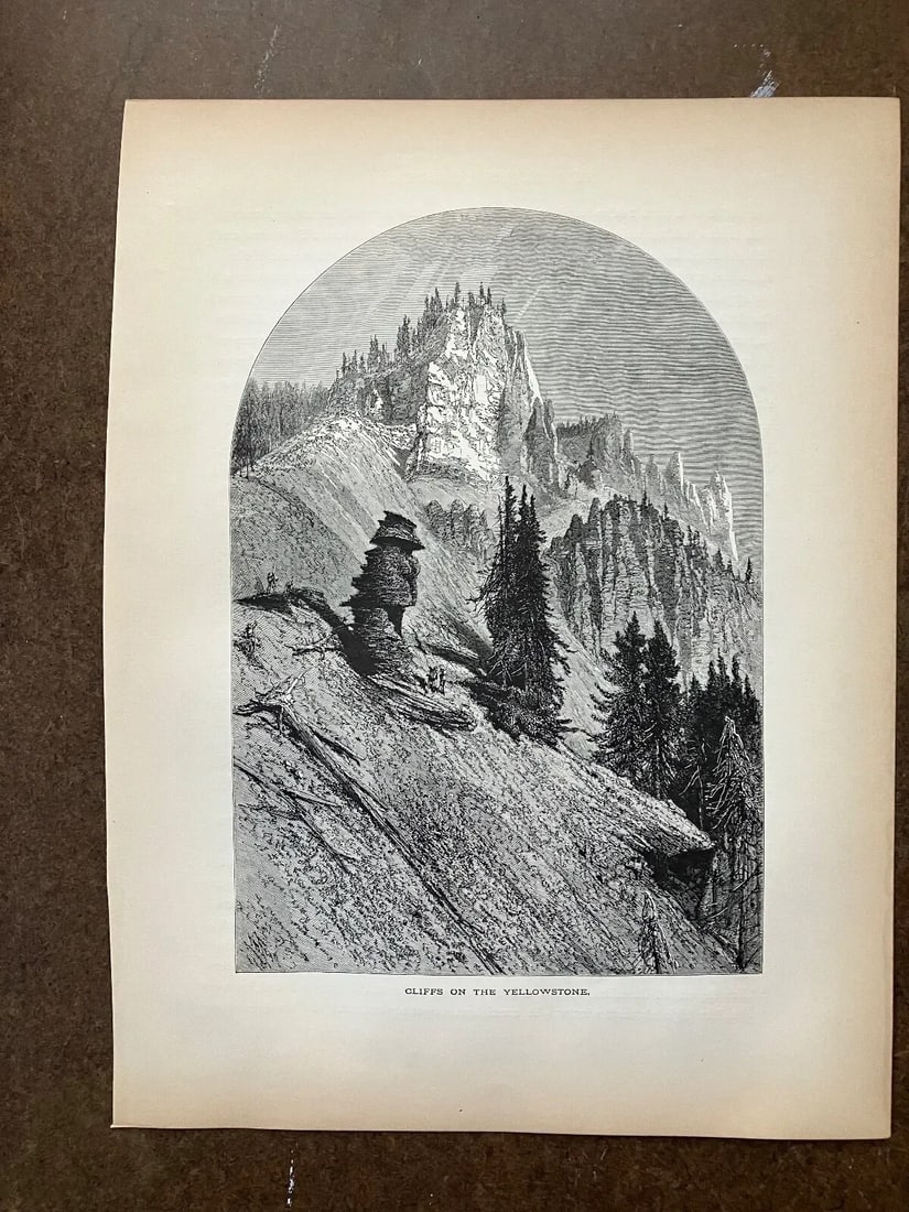 Antique 1874 Wood Engraving "Cliffs on the Yellowstone, WY, Matted - 3