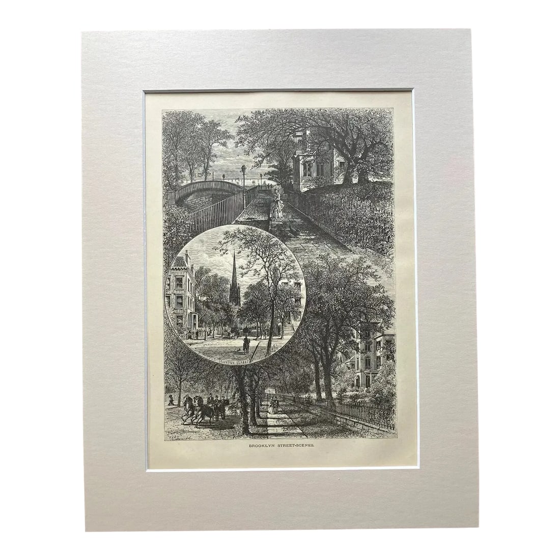 Antique 1874 Wood Engraving "Brooklyn Street-Scenes" New York City in 11x14 Mat: Up for sale is this beautiful antique print from Volume I of "Picturesque America", a two-volume set of books describing and illustrating the scenery of America that grew out of an earlier series in