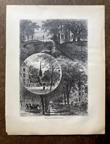 Antique 1874 Wood Engraving "Brooklyn Street-Scenes" New York City in 11x14 Mat - 2