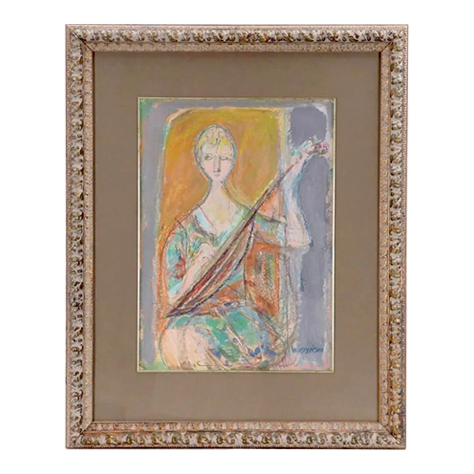 Original Mixed Media Portrait of a Woman Playing a Lute by Jan Wodynski: An original mixed media pastel and watercolor painting of a woman playing the Lute by Jan Wodynski. Mixed media drawing on paper including pastel and watercolor Signed "Wodynski" to the lower right. P