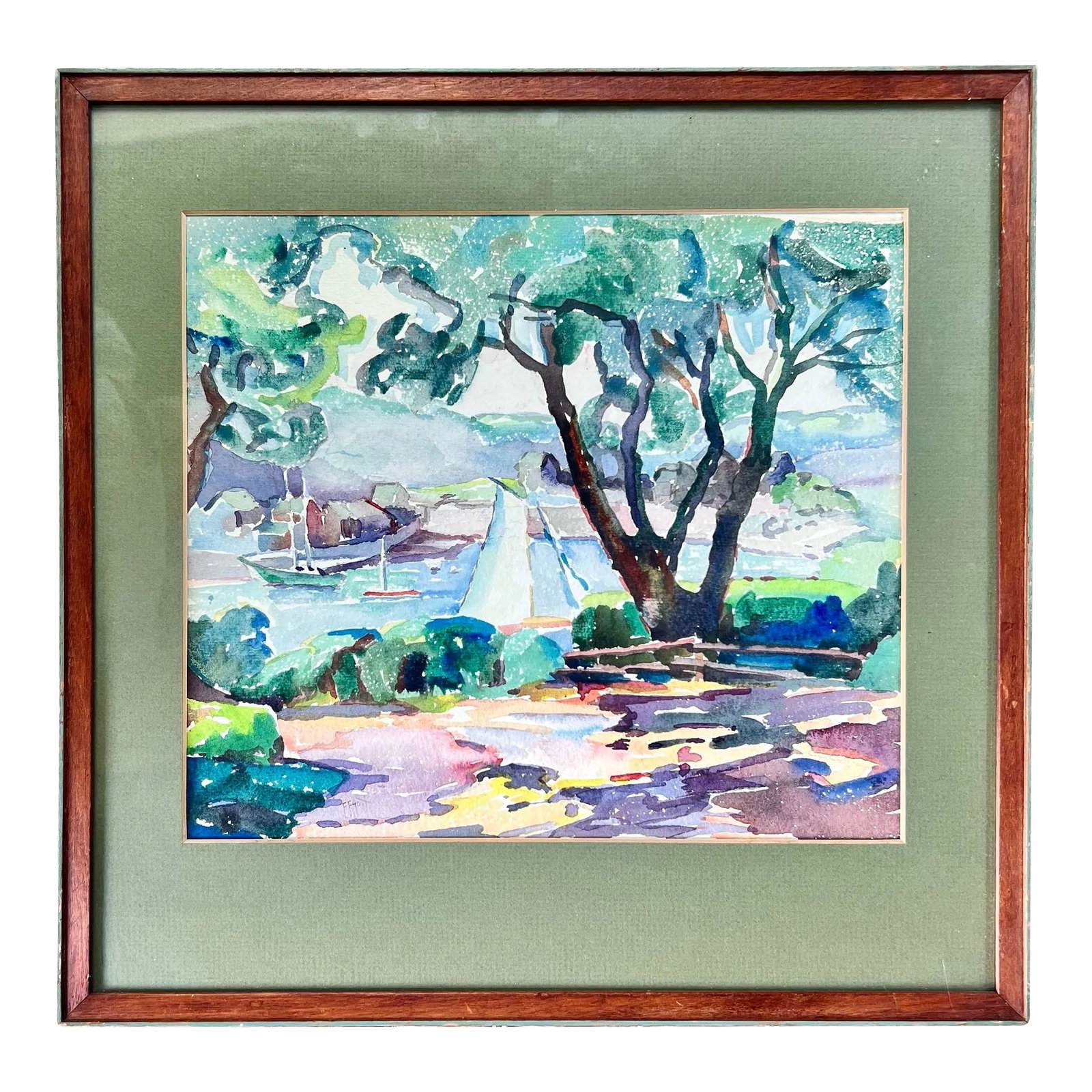 Landscape and Sailboat Scene Watercolor Painting- Framed: A beautiful watercolor landscape painting in vivid bright colors. Sailboats amongst lush greenery. It comes matted in a contrasting moss green matting in a custom wooden frame. Comes ready to hang. Pl