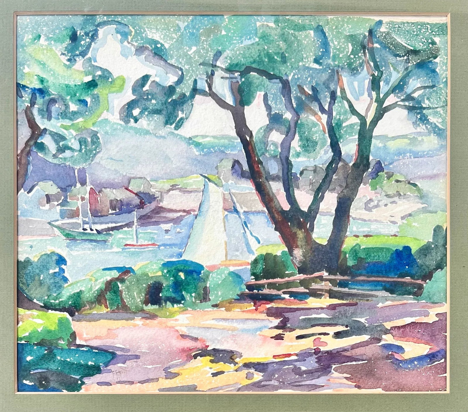 Landscape and Sailboat Scene Watercolor Painting- Framed - 3