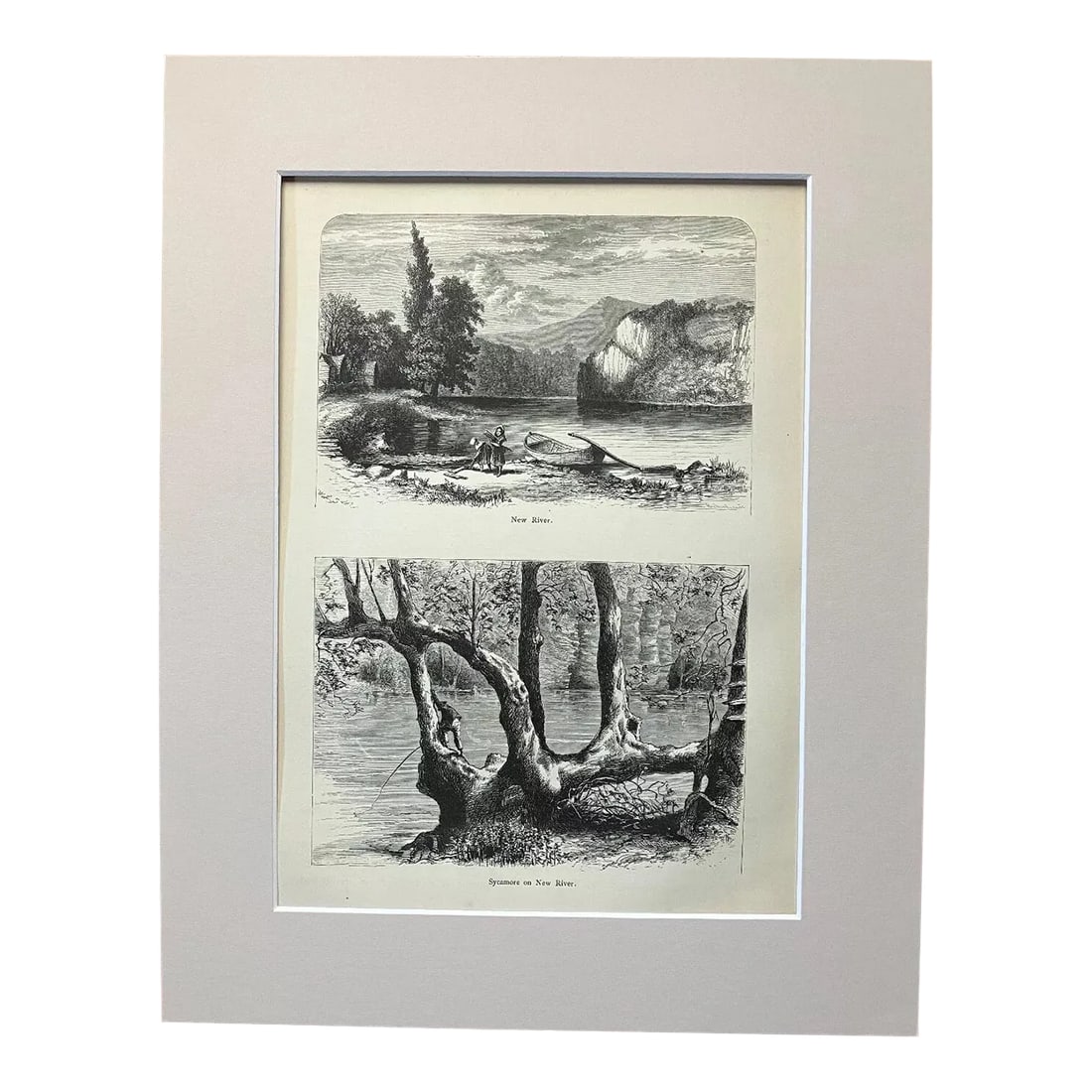Antique 1874 Wood Engraving "Sycamore on New River... New River" VA in 11x14 Mat: Up for sale is this beautiful antique print from Volume I of "Picturesque America", a two-volume set of books describing and illustrating the scenery of America that grew out of an earlier series in