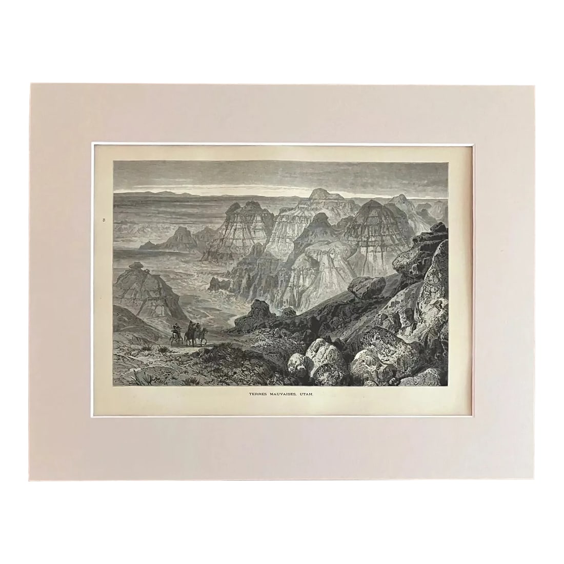 Antique 1874 Wood Engraving "Terres Mauvaises, Utah" in Frame-Ready 11x14 Mat: Up for sale is this beautiful antique print from Volume II of "Picturesque America", a two-volume set of books describing and illustrating the scenery of America that grew out of an earlier series in