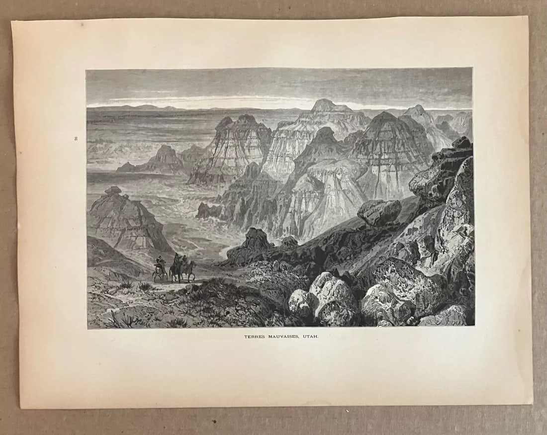 Antique 1874 Wood Engraving "Terres Mauvaises, Utah" in Frame-Ready 11x14 Mat - 2