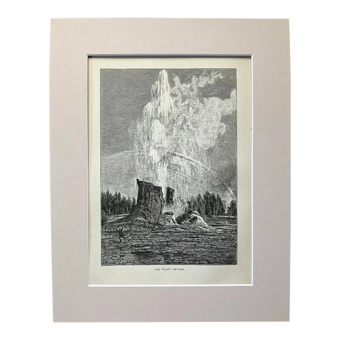 Antique 1874 Wood Engraving "The Giant Geyser", Yellowstone, WY in 11x14 Mat: Up for sale is this beautiful antique print from Volume I of "Picturesque America", a two-volume set of books describing and illustrating the scenery of America that grew out of an earlier series in