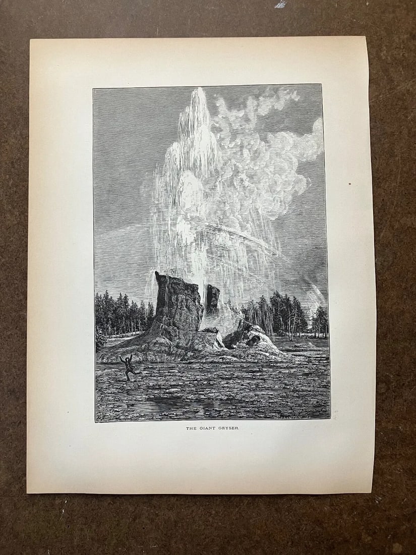 Antique 1874 Wood Engraving "The Giant Geyser", Yellowstone, WY in 11x14 Mat - 2