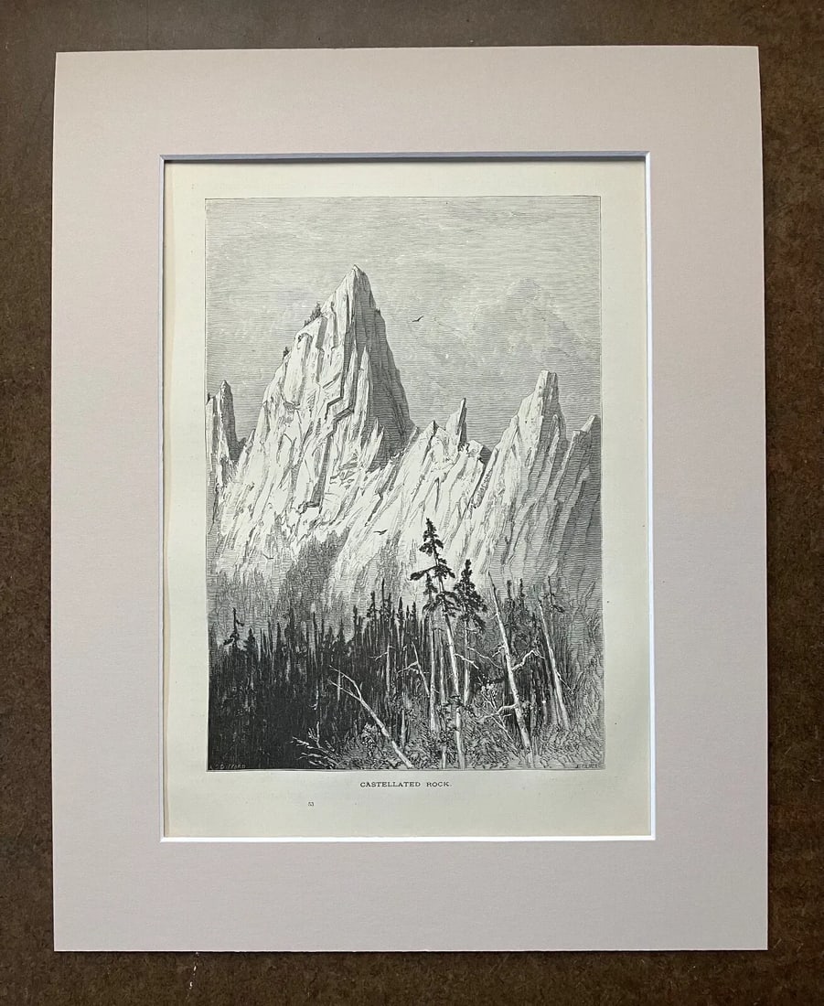 Antique 1874 Wood Engraving "Castellated Rock" CA in Frame-Ready 11x14 Mat - 2