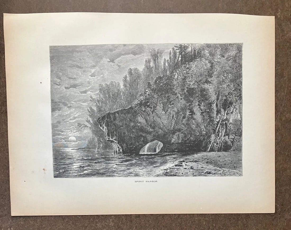 Antique 1874 Wood Engraving "Spirit Harbor" Lake Superior Minnesota in 11x14 Mat - 2