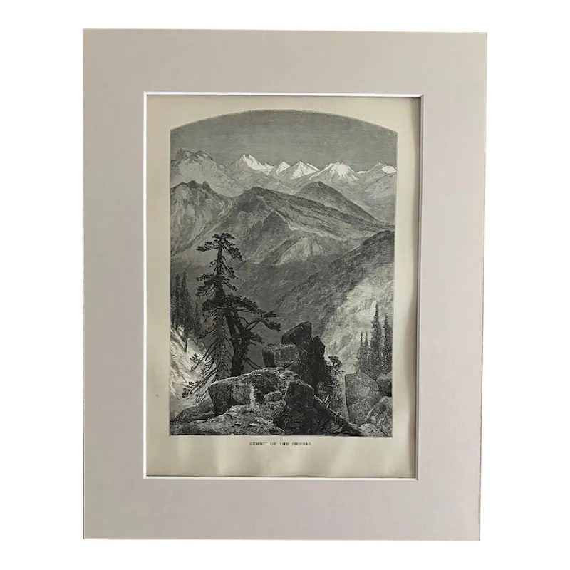 Antique 1874 Wood Engraving "Summit of the Sierras", Matted: Up for sale is this beautiful antique print from Volume II of "Picturesque America", a two-volume set of books describing and illustrating the scenery of America that grew out of an earlier series in