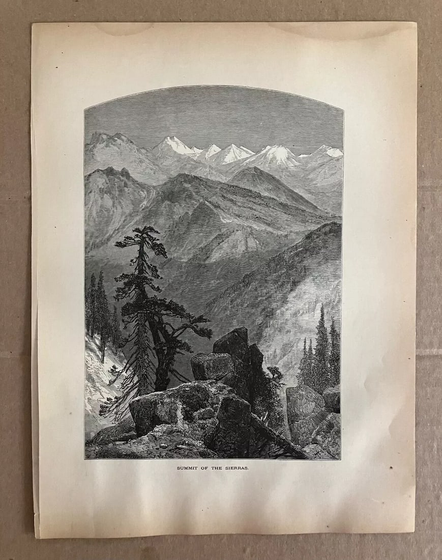 Antique 1874 Wood Engraving "Summit of the Sierras", Matted - 3