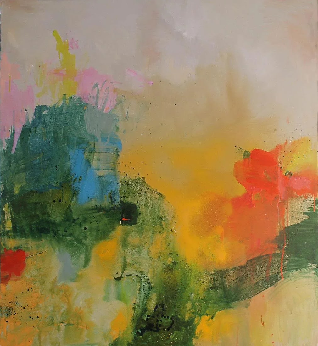 Original Large Blue, Green, Contemporary Painting Titled 'Passages' by Michele Zuzalek: 'Passages' is a large original abstract painting on linen canvas, full of energy and movement. The work features bright, bold strokes with subtle blends of vibrant colors, creating a dynamic yet